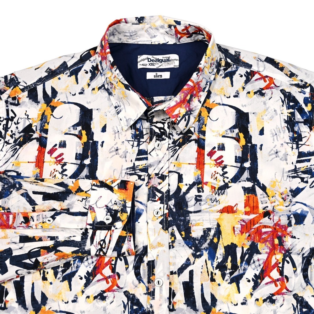 Desigual Shirt Men's 2XL Slim Fit Abstract Geometric Button‎ Up Long Sleeve